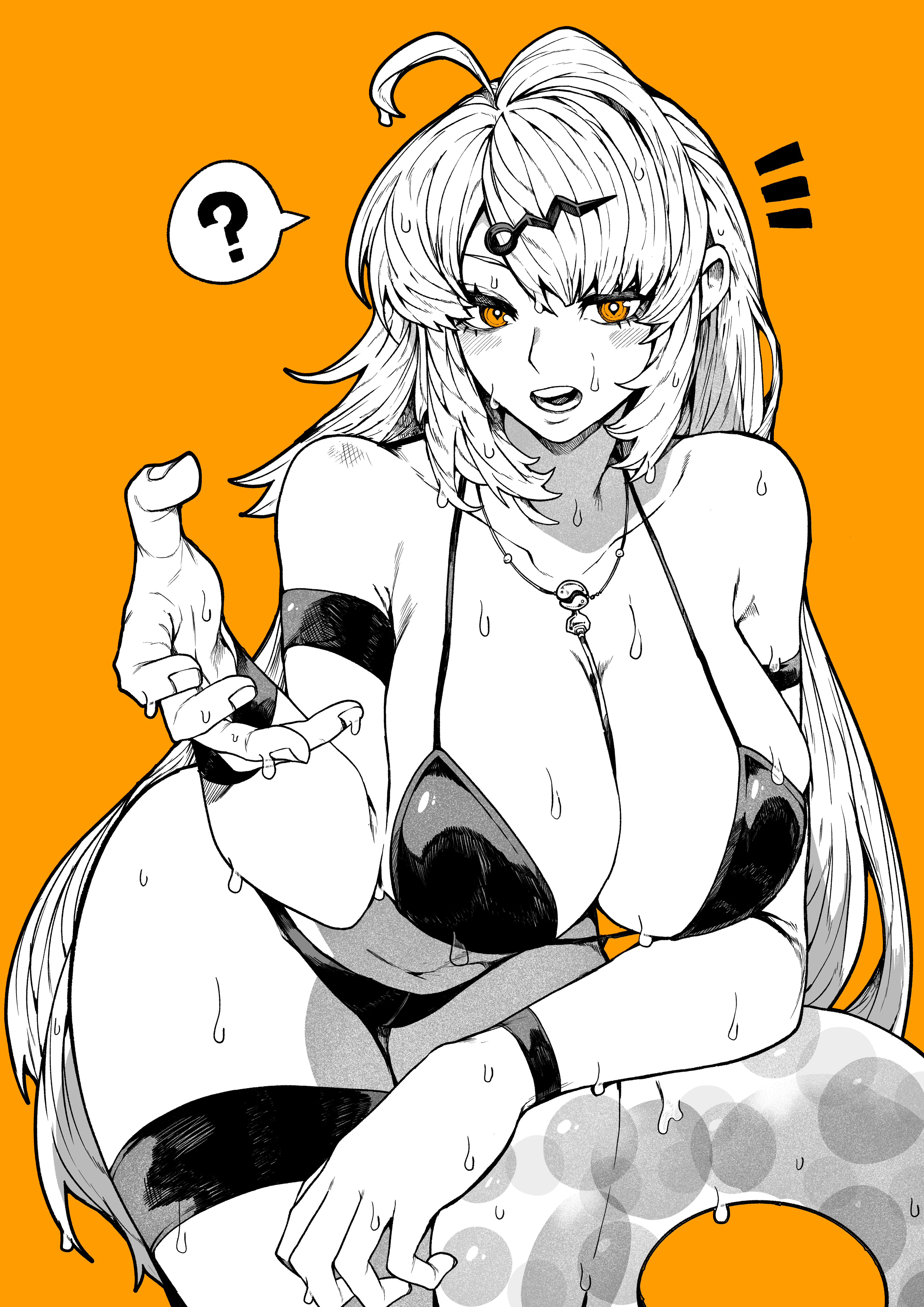 yotsumi shiro, yixuan (zenless zone zero), zenless zone zero, absurdres, highres, 1girl, ?, ahoge, bikini, breasts, collarbone, cowboy shot, greyscale with colored background, hair ornament, hairclip, halterneck, innertube, jewelry, large breasts, leaning forward, long hair, long sleeves, navel, necklace, notice lines, open mouth, orange background, orange eyes, simple background, solo, spoken question mark, swim ring, swimsuit, teeth, very long hair, wet, wristband