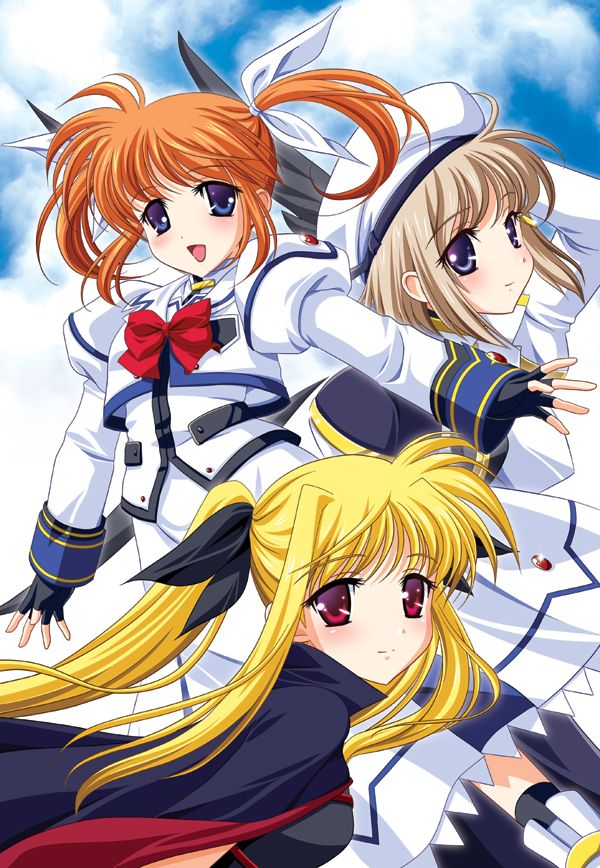 zero1, fate testarossa, fate testarossa (lightning form), takamachi nanoha, takamachi nanoha (sacred mode), yagami hayate, lyrical nanoha, mahou shoujo lyrical nanoha, mahou shoujo lyrical nanoha a's, bad id, bad pixiv id, 00s, 3girls, :d, blonde hair, bow, bowtie, brown hair, cape, dress, fingerless gloves, gloves, hair ornament, hat, jacket, long sleeves, looking at viewer, magical girl, multiple girls, open clothes, open jacket, open mouth, orange hair, red bow, red bowtie, red hair, smile, twintails, unison (nanoha), white dress, wings, x hair ornament