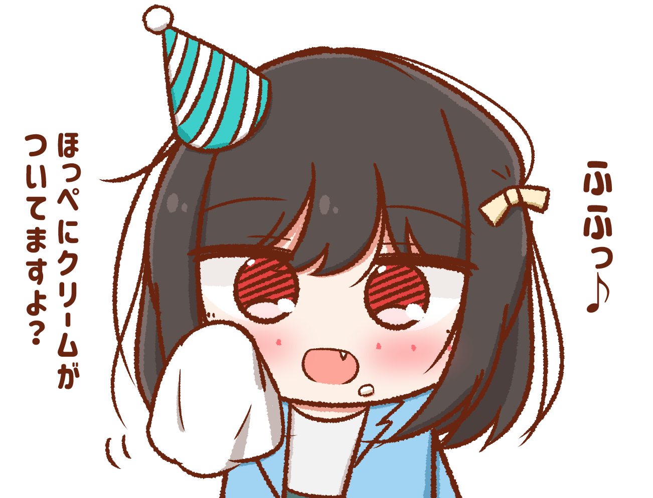 p-man-p-man, mifune shioriko, love live!, love live! nijigasaki high school idol club, commentary, translation request, 1girl, :d, aqua hat, black hair, blue jacket, blush, chibi, chibi only, diagonal-striped hat, eighth note, fang, food, food on face, hair ribbon, handkerchief, hat, holding, holding handkerchief, jacket, long sleeves, looking at viewer, motion lines, musical note, open clothes, open jacket, open mouth, party hat, red eyes, ribbon, shirt, simple background, smile, solo, spoken musical note, white background, white shirt, yellow ribbon