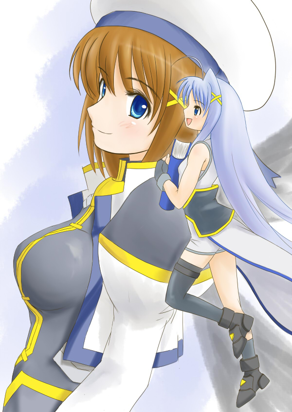 ginjyasei, book of the azure sky, reinforce zwei, yagami hayate, lyrical nanoha, mahou shoujo lyrical nanoha, mahou shoujo lyrical nanoha strikers, 00s, 2girls, ahoge, asymmetrical clothes, asymmetrical legwear, blue eyes, blue hair, blush, book, brown hair, fingerless gloves, gloves, hair ornament, hat, jacket, long hair, magical girl, mini person, minigirl, multiple girls, open clothes, open jacket, short hair, single thighhigh, smile, thighhighs, uneven legwear, waist cape, x hair ornament