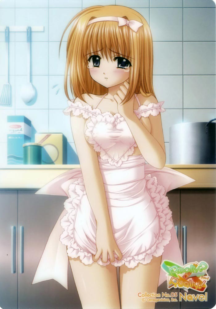 nishimata aoi, fuyou kaede, really? really!, shuffle!, official art, scan, 00s, 1girl, ahoge, apron, bare shoulders, blue eyes, bow, breasts, clenched hand, collarbone, company name, cooking pot, copyright name, cowboy shot, embarrassed, female focus, flying sweatdrops, hair bow, hairband, hand up, heart apron, indoors, kitchen, lace, lace-trimmed apron, lace trim, ladle, legs together, logo, looking at viewer, medium breasts, naked apron, off shoulder, orange hair, parted lips, pink apron, pink bow, raised eyebrows, ribbon, short hair, sideboob, solo, spatula, standing, tears, thigh gap, tile wall, tiles