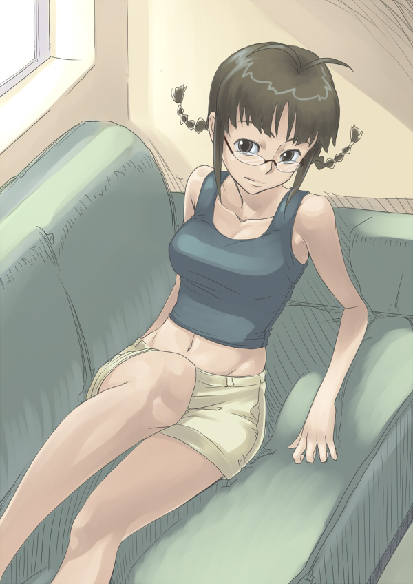 inu (aerodog), akizuki ritsuko, idolmaster, idolmaster (classic), idolmaster 1, 00s, 1girl, antenna hair, braid, breasts, brown eyes, brown hair, female focus, indoors, midriff, short hair, short shorts, shorts, sitting, solo, tank top, twin braids