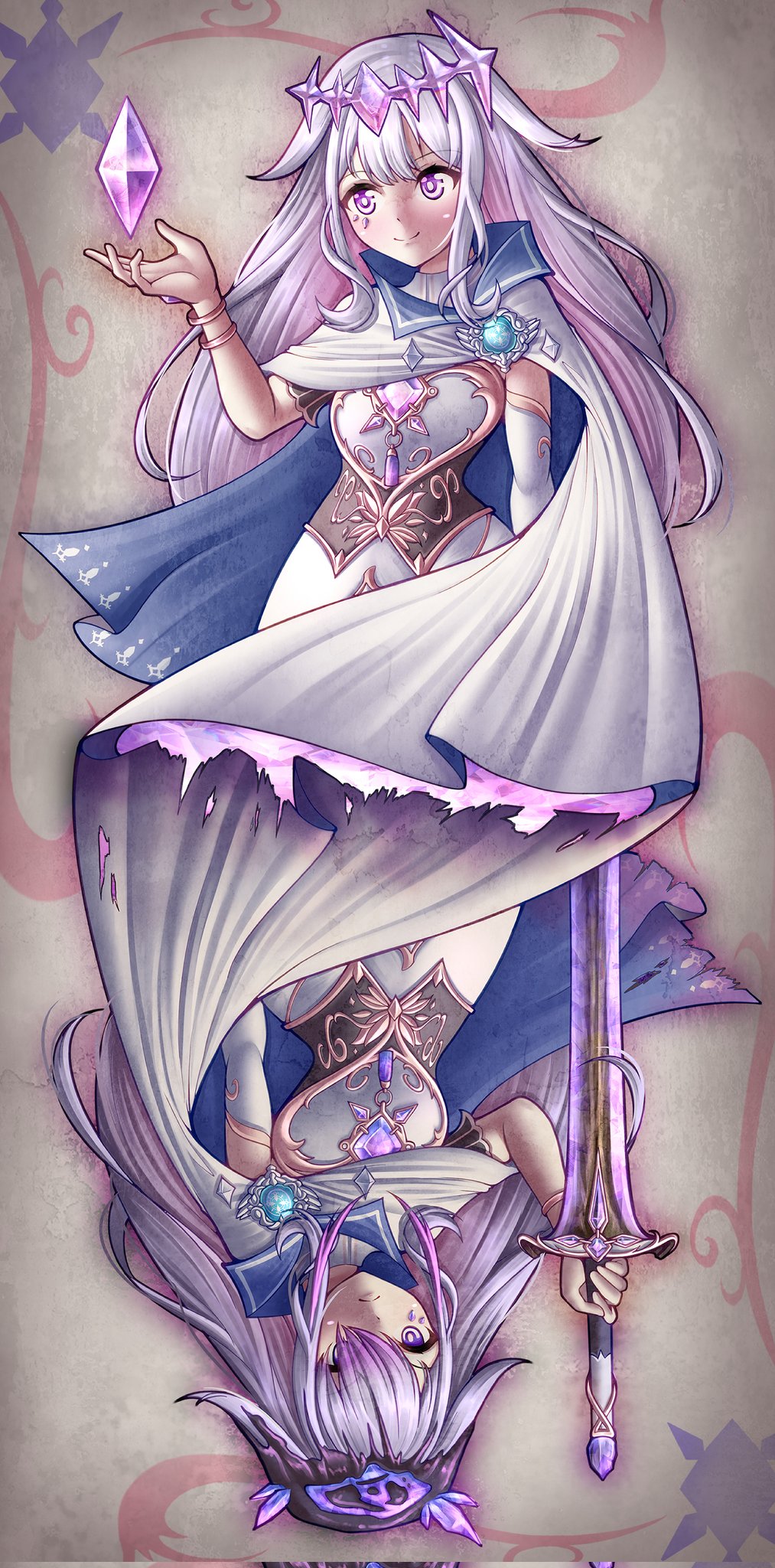 seapupu, koseki bijou, koseki bijou (1st costume), enigmatic recollection, holoadvent, hololive, hololive english, highres, 1girl, black corset, bridal gauntlets, cape, chest jewel, circlet, cloak, corset, dress, face jewel, floating gem, gem, gem hair ornament, grey hair, holding, holding sword, holding weapon, jewel under eye, long hair, multicolored gemstone, multicolored hair, pink hair, purple eyes, purple gemstone, purple hair, single bridal gauntlet, smile, solo, sword, virtual youtuber, weapon, white bridal gauntlets, white cape, white cloak