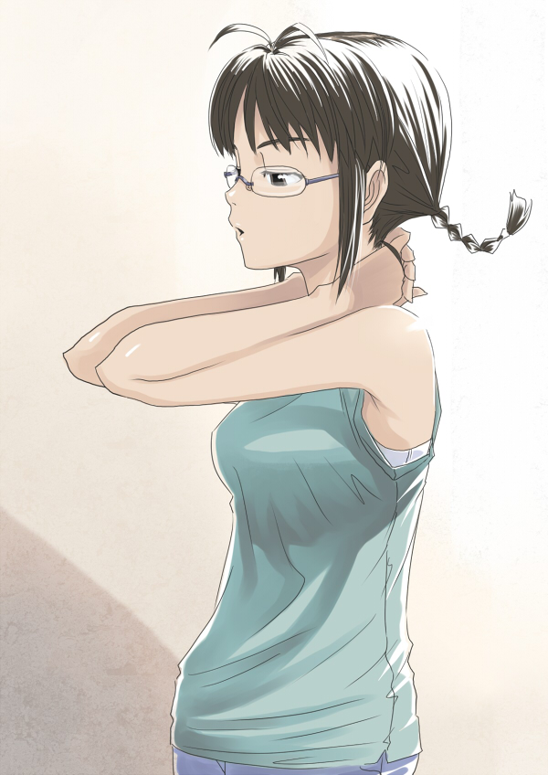 inu (aerodog), akizuki ritsuko, idolmaster, idolmaster (classic), idolmaster 1, 00s, 1girl, antenna hair, breasts, brown hair, female focus, glasses, short hair, solo