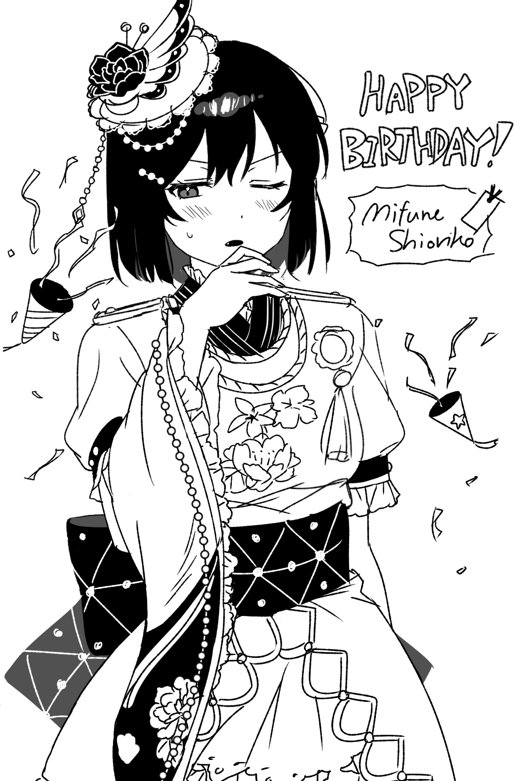 meobbab2, mifune shioriko, love live!, love live! nijigasaki high school idol club, commentary, hashtag-only commentary, highres, 1girl, blush, bob cut, character name, cowboy shot, fang, frilled sleeves, frills, greyscale, happy birthday, japanese clothes, ketsui no hikari, long sleeves, monochrome, obi, obijime, official alternate costume, one eye closed, open mouth, sash, short hair, simple background, solo, tassel, white background, wide sleeves