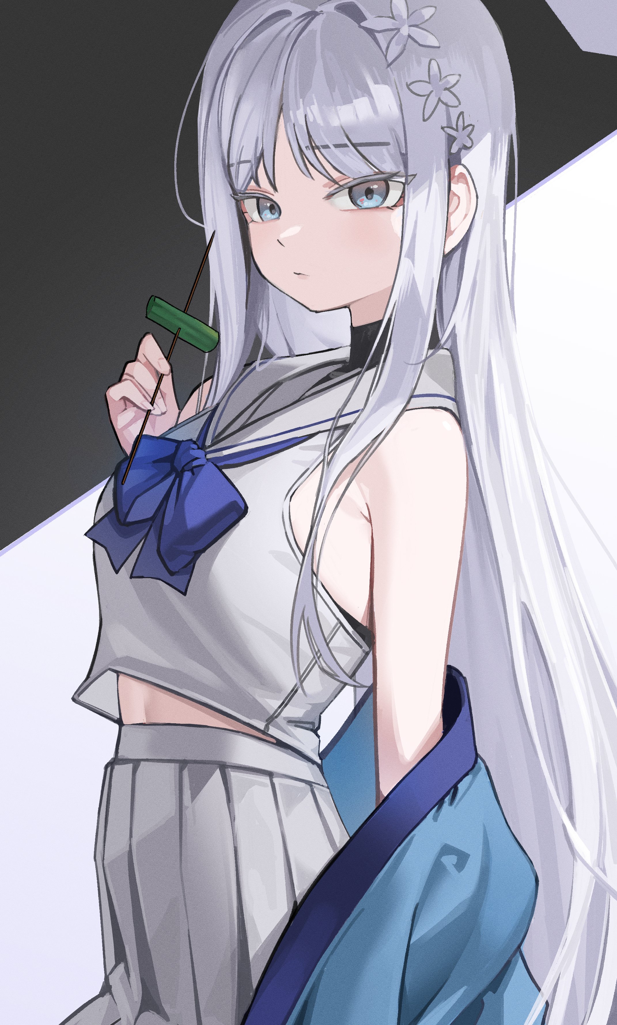 seueo, nagusa (blue archive), blue archive, absurdres, highres, 1girl, blue haori, colored eyelashes, expressionless, food, from side, grey eyes, hair ornament, halo, haori, holding, holding skewer, japanese clothes, long hair, looking at viewer, school uniform, serafuku, shirt, skewer, sleeveless, sleeveless shirt, snowflake hair ornament, snowflake halo, solo, white eyelashes, white eyes, white serafuku, yakitori
