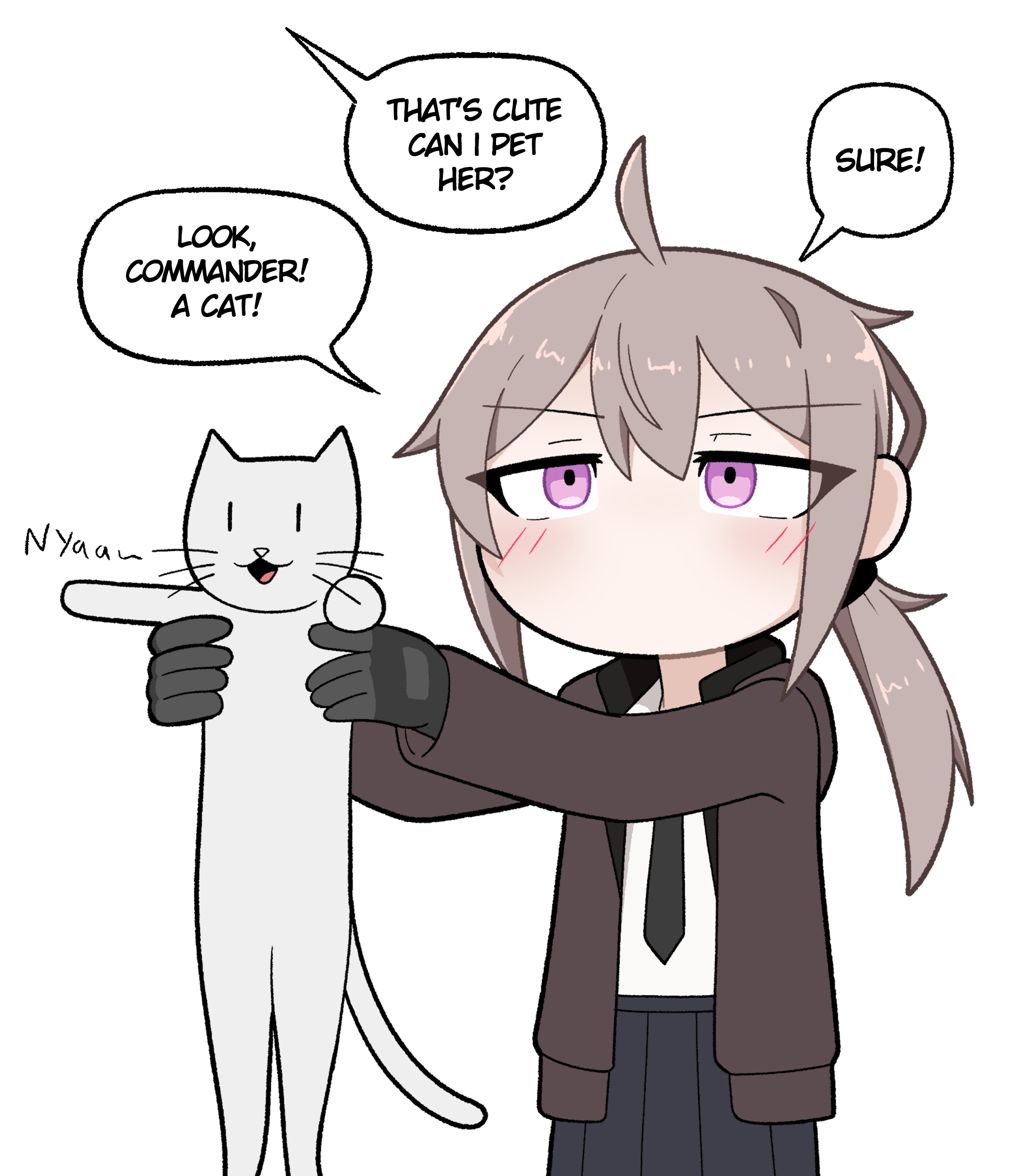 guiritiru, m200 (girls' frontline), girls' frontline, absurdres, commentary, english commentary, highres, 1girl, ahoge, alcohol, animal, animal ears, black gloves, cat, cat ears, english text, gloves, grey hair, hair between eyes, holding, holding animal, holding cat, jacket, looking at another, necktie, open clothes, open jacket, ponytail, shirt, simple background, skirt, speech bubble, whiskey, white shirt