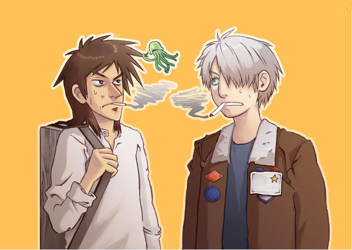 ginko (mushishi), itou kaiji, kaiji, mushishi, non-web source, 2boys, cigarette, cosplay, costume switch, crossover, hair over one eye, male focus, multiple boys, mushi (mushishi), smoking