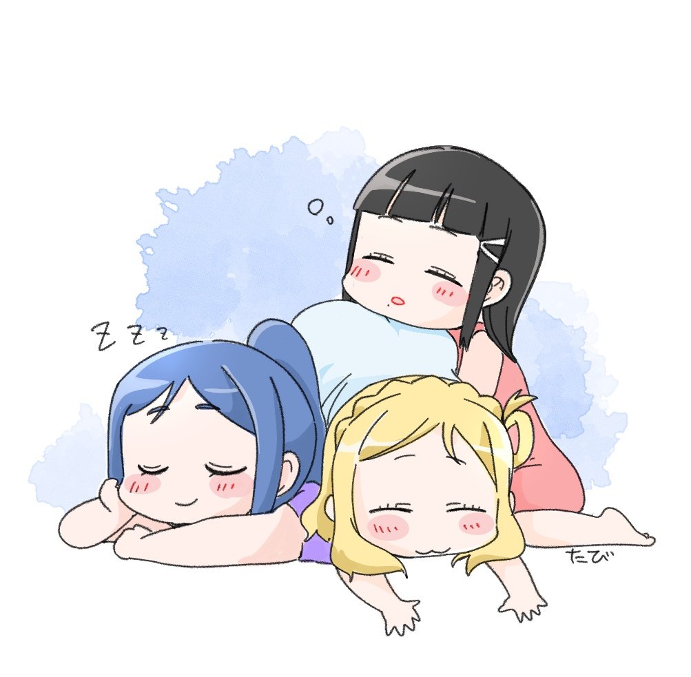 ukakoro2132, kurosawa dia, matsuura kanan, ohara mari, love live!, love live! sunshine!!, commentary request, 3girls, :3, arm support, blonde hair, blue hair, blunt bangs, blush, braid, chibi, chibi only, closed mouth, crown braid, dress, hair rings, lying, mole, mole under mouth, multiple girls, on stomach, open mouth, parted bangs, pink dress, ponytail, purple shirt, shirt, sidelocks, signature, single hair ring, sitting, sleeping, sleeveless, sleeveless dress, squeans, wariza, zzz