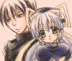 hoshino yumemi, planetarian, lowres, 00s, 1boy, 1girl, blue hair, ribbon