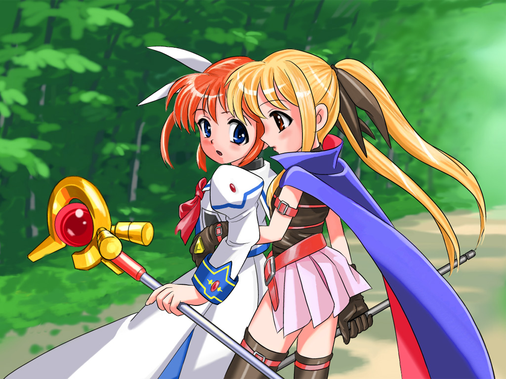 ren-chan, bardiche (nanoha), fate testarossa, fate testarossa (original form), raising heart, raising heart (device mode), takamachi nanoha, takamachi nanoha (original mode), lyrical nanoha, mahou shoujo lyrical nanoha, brown legwear, uniform, 00s, 2girls, :o, blonde hair, blue eyes, blush, dress, long sleeves, multiple girls, open mouth, path, plant, pleated skirt, red eyes, road, skirt, standing, sunlight, thighhighs, tree, twintails, white dress, zettai ryouiki