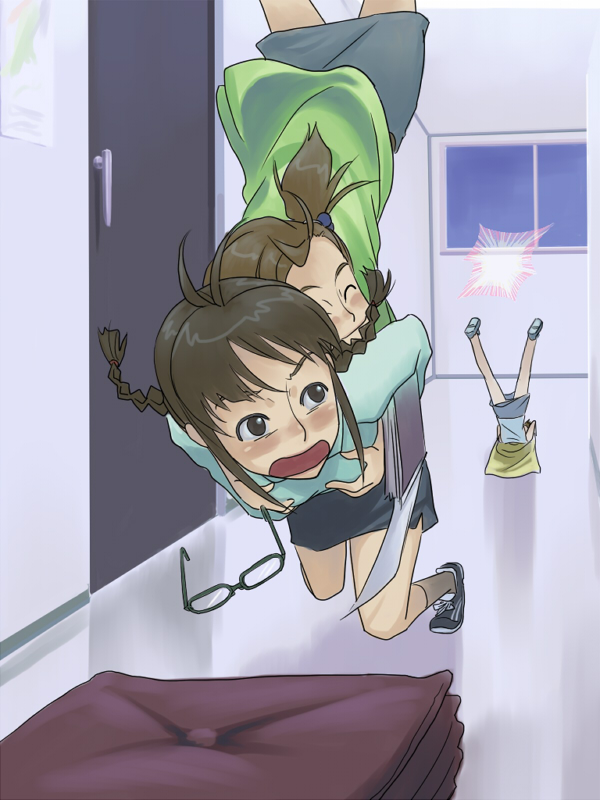 inu (aerodog), akizuki ritsuko, futami ami, futami mami, idolmaster, idolmaster (classic), idolmaster 1, 00s, 3girls, antenna hair, blush, braid, breasts, brown hair, falling, glasses, grabbing another's breast, groping, multiple girls, short hair, siblings, sisters, twin braids, twins, unworn eyewear