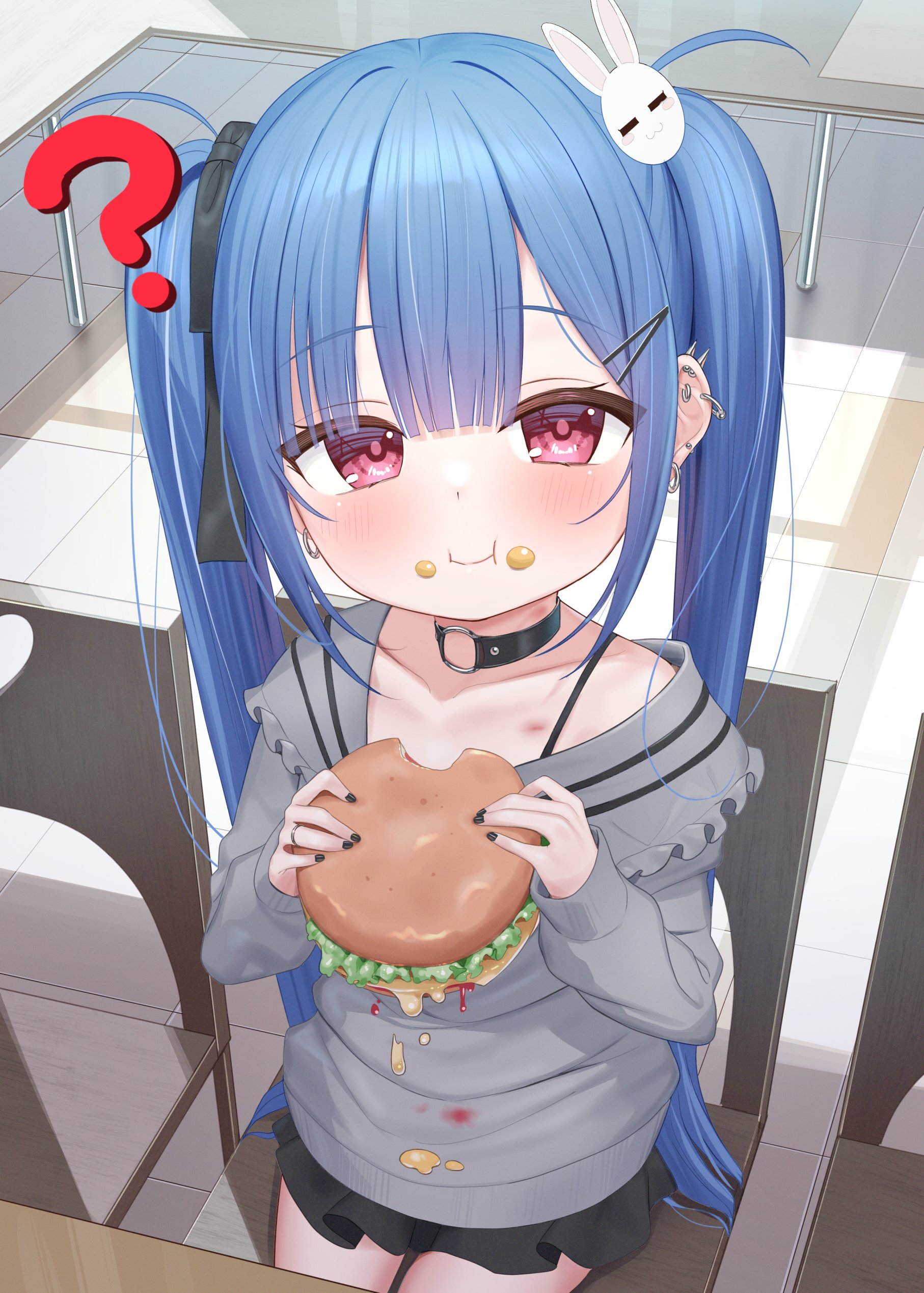 tsukiman, original, absurdres, commentary request, highres, 1girl, ?, black choker, black nails, black ribbon, black skirt, blue hair, burger, chair, choker, closed mouth, collarbone, dirty, dirty clothes, ear piercing, earrings, eating, food, food on clothes, food on face, frilled sailor collar, frills, grey sailor collar, grey shirt, hair ornament, hair ribbon, hairclip, holding, holding burger, holding food, jewelry, kanae (tsukiman), long hair, long sleeves, looking at viewer, miniskirt, nail polish, o-ring, o-ring choker, piercing, pink eyes, rabbit hair ornament, ribbon, sailor collar, sailor shirt, shirt, sitting, skirt, solo, twintails, very long hair