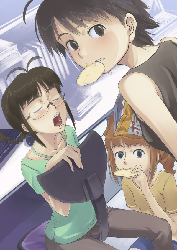 inu (aerodog), akizuki ritsuko, kikuchi makoto, takatsuki yayoi, idolmaster, idolmaster (classic), idolmaster 1, 00s, 3girls, black hair, blush, brown hair, chips (food), closed eyes, food, glasses, mouth hold, multiple girls, open mouth, short hair, twintails