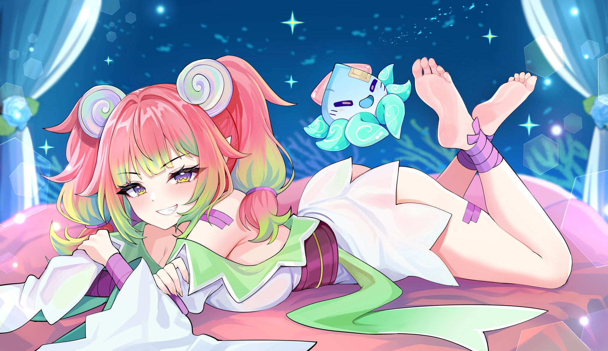 jirafuru, stronny cuttles, vallure, commission, highres, 1girl, ass, barefoot, breasts, dress, eyelashes, gradient hair, green hair, hair ornament, long hair, lying, multicolored hair, on stomach, pink hair, purple eyes, shell, shell hair ornament, short dress, smile, symbol-shaped pupils, the pose, virtual youtuber, white dress