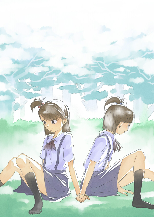 inu (aerodog), futami ami, futami mami, idolmaster, idolmaster (classic), idolmaster 1, 00s, 2girls, brown hair, field, holding hands, multiple girls, short hair, siblings, side ponytail, sisters, sitting, skirt, socks, twins