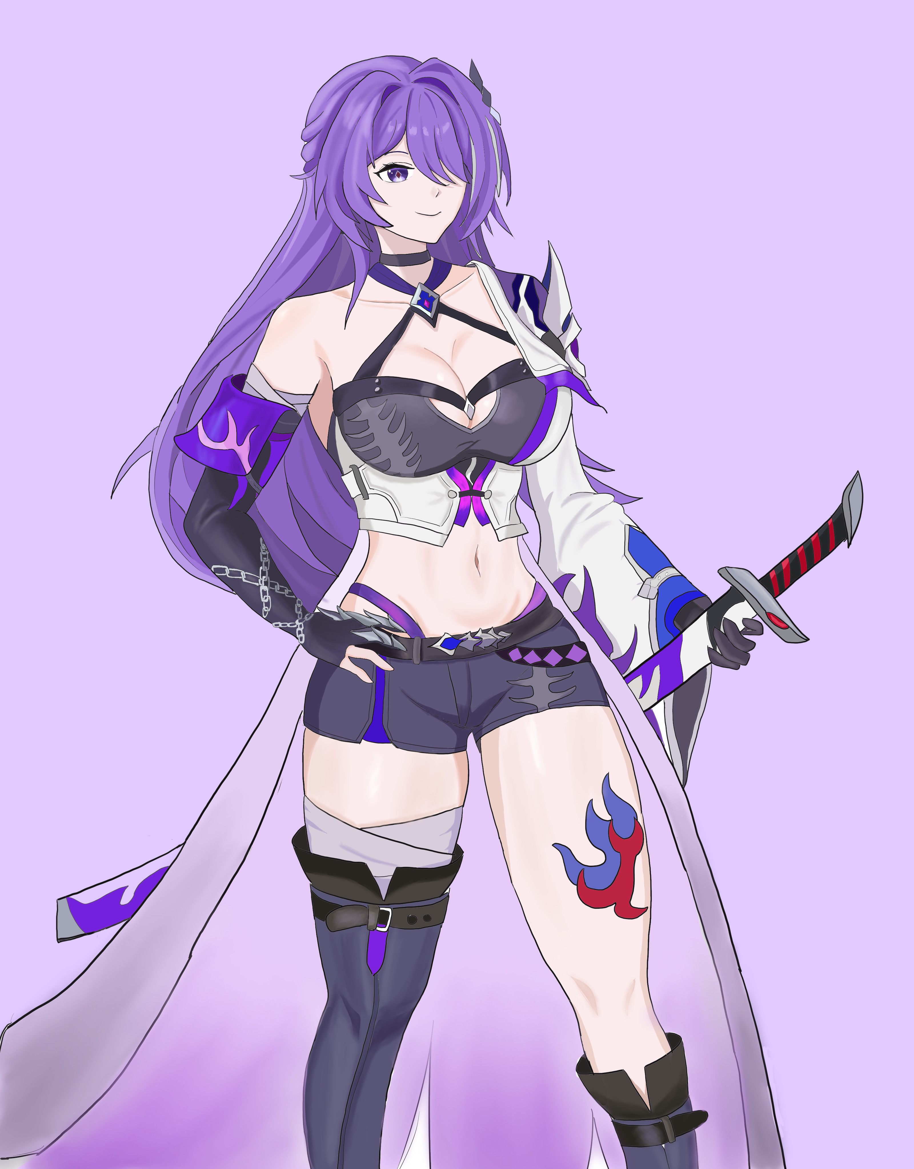 acheron (honkai: star rail), honkai: star rail, honkai (series), absurdres, highres, 1girl, black choker, black gloves, breasts, cannon (user kwzw2733), choker, cleavage, criss-cross halter, feet out of frame, gloves, hair over one eye, halterneck, hand on own hip, holding, holding sword, holding weapon, katana, large breasts, leg tattoo, long hair, long sleeves, midriff, navel, purple background, purple eyes, purple hair, scabbard, sheath, sheathed, simple background, single bare shoulder, smile, solo, standing, stomach, sword, tattoo, thighs, very long hair, weapon