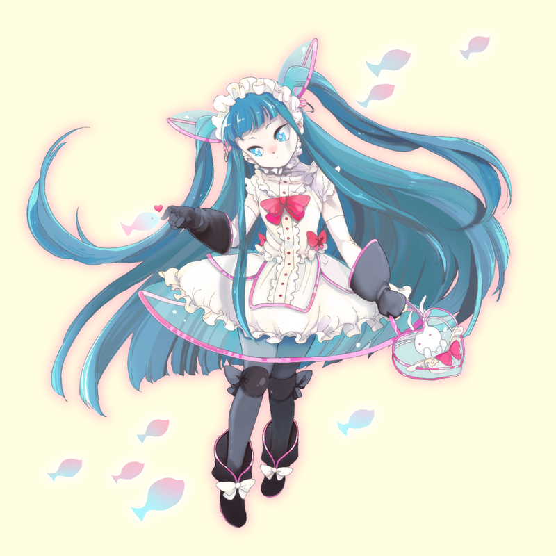 kanke (yonkuma), bad id, bad pixiv id, bag, blue hair, dress, gloves, long hair, pantyhose, solo, twintails, two side up