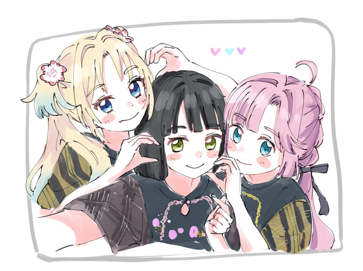 moso (expect66), anyoji hime, kan kanna, momose ginko, osawa rurino, link! like! love live!, love live!, photo-referenced, 3girls, 5th live tour ~4pair power spread!!!!~, ahoge, black hair, black ribbon, black shirt, blonde hair, blue hair, blunt bangs, blunt ends, blush stickers, bob cut, flower, gradient hair, hair flower, hair intakes, hair ornament, hair ribbon, half-heart hands, hand on another's cheek, hand on another's face, heart, kurusu rin, long hair, looking at viewer, multi-tied hair, multicolored hair, multiple girls, parted bangs, pink flower, pink hair, ponytail, ribbon, sakurai hina, selfie, shirt, short hair, twintails, very long hair, virtual youtuber, voice actor connection