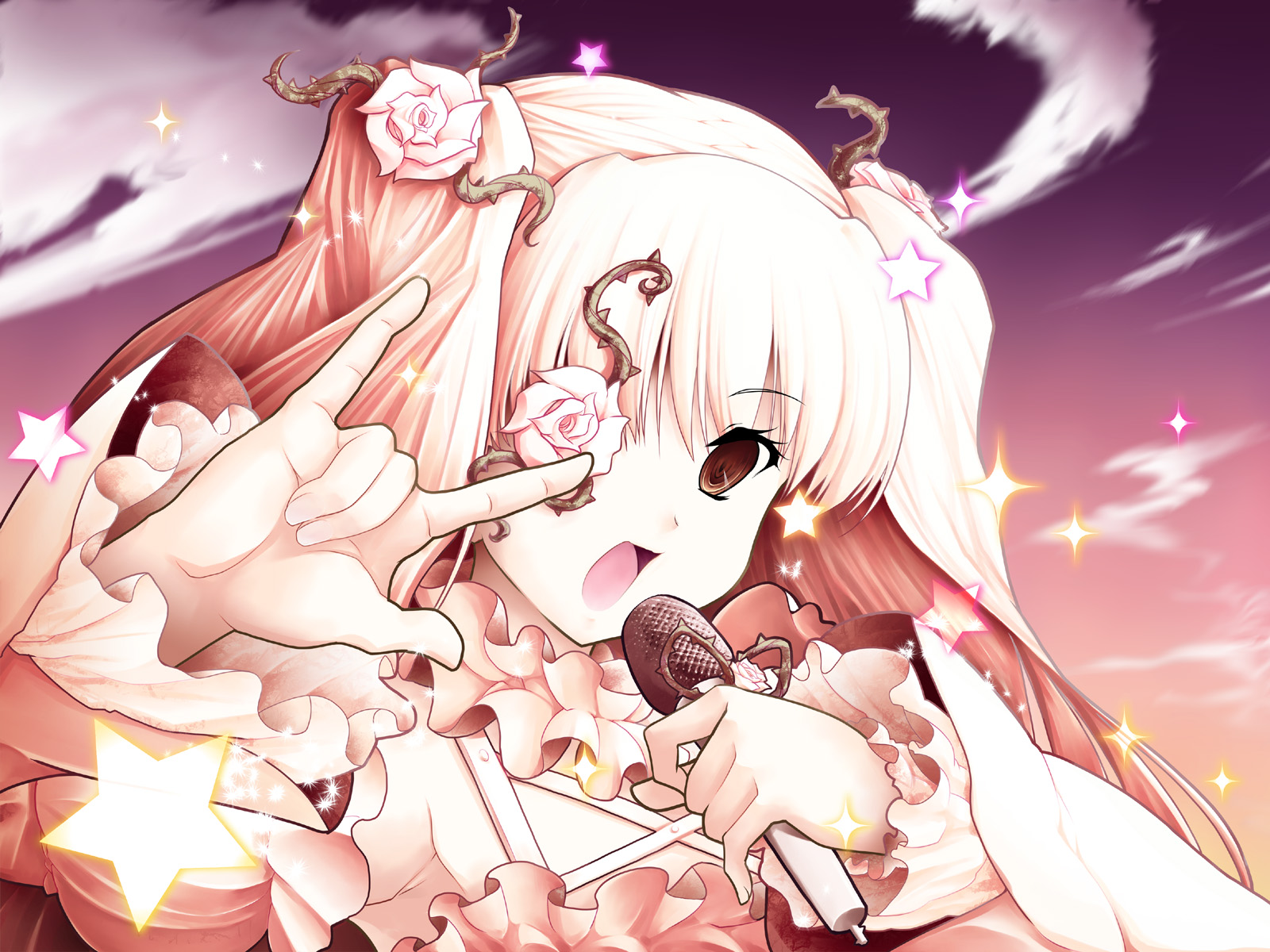 hamuhamu, kirakishou, rozen maiden, highres, 1girl, eyepatch, female focus, flower, long hair, m/, microphone, music, parody, pink hair, rose, seikan hikou, singing, solo, thorns