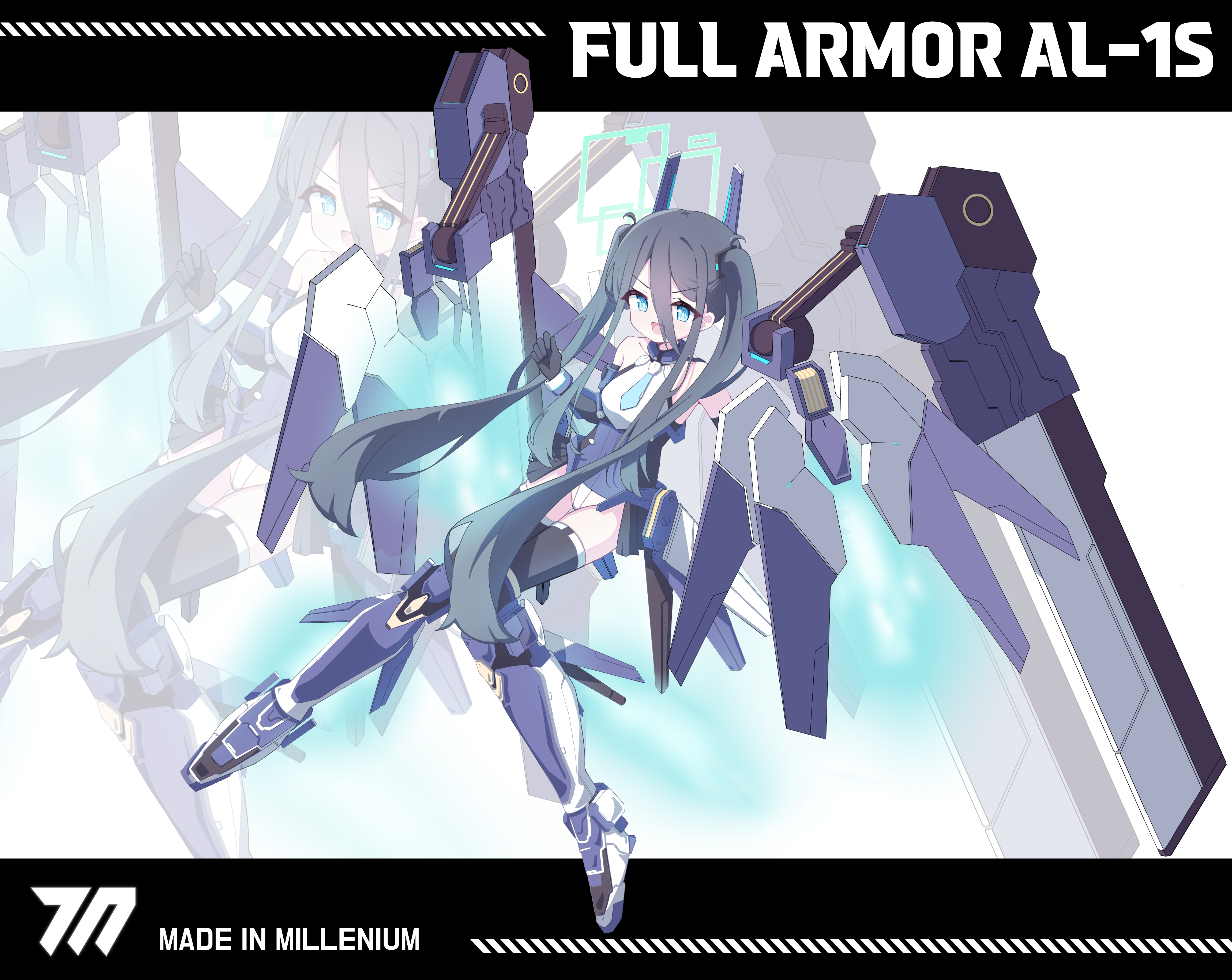 525 woiwo, aris (blue archive), aris (mecha suit) (blue archive), blue archive, absurdres, commentary, english commentary, highres, 1girl, :d, aqua halo, bare shoulders, blue eyes, blue halo, blue necktie, boots, english text, full body, gloves, hair between eyes, halo, knees together feet apart, letterboxed, long hair, long hair between eyes, looking at viewer, mecha musume, mechanical wings, millennium science school logo, necktie, official alternate costume, official alternate hairstyle, open mouth, rectangular halo, robot, smile, solo, thighhighs, thrusters, twintails, v-shaped eyebrows, very long hair, white background, wings, zoom layer