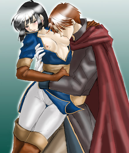 aozora kyuuji, fred (fire emblem), olwen (fire emblem), fire emblem, fire emblem: thracia 776, nintendo, 1boy, 1girl, black hair, blush, breast sucking, breasts, brown hair, closed eyes, coat, collarbone, elbow gloves, gloves, gradient background, hetero, long sleeves, medium breasts, nipples, open clothes, open shirt, scarf, shirt, short hair, simple background, standing