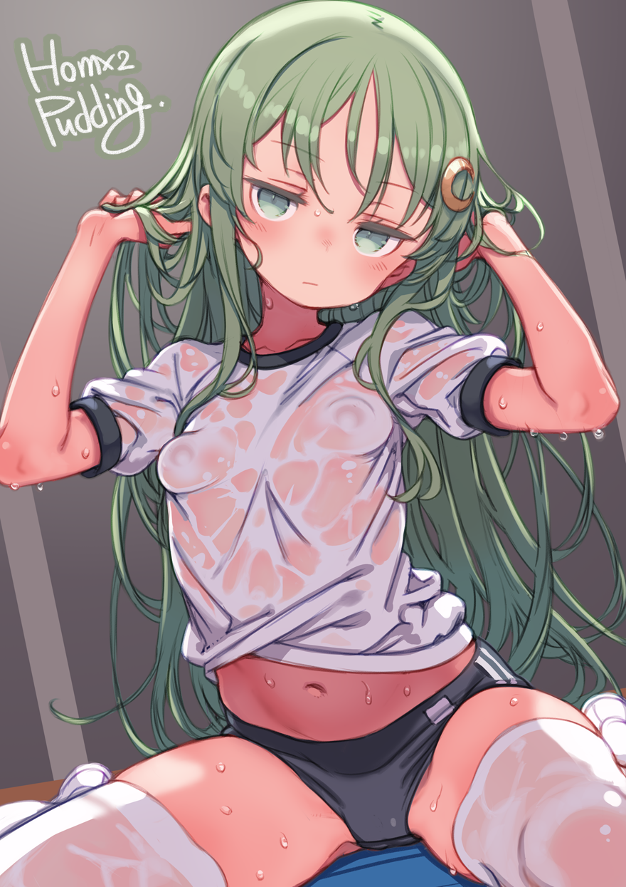 puddinghomhom, nagatsuki (kancolle), kantai collection, commentary request, highres, paid reward available, partial commentary, 1girl, artist name, black buruma, breasts, buruma, closed mouth, crescent, crescent hair ornament, green eyes, green hair, gym shirt, gym uniform, hair ornament, jitome, long hair, looking at viewer, navel, puffy short sleeves, puffy sleeves, see-through clothes, see-through shirt, shirt, short sleeves, sitting, small breasts, solo, thighhighs, wariza, wet, wet clothes, wet shirt, white shirt, white thighhighs