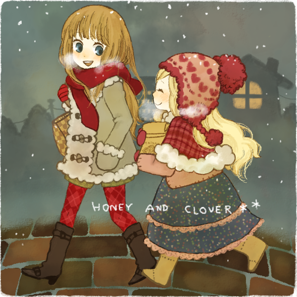 yukke, hanamoto hagumi, yamada ayumi, honey and clover, argyle legwear, 00s, 2girls, argyle clothes, beanie, blush, boots, breath, hat, multiple girls, pantyhose, scarf, smile, snow, snowing