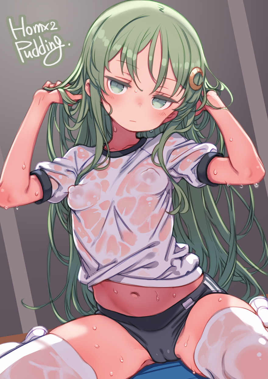 puddinghomhom, nagatsuki (kancolle), kantai collection, commentary request, highres, paid reward available, partial commentary, 1girl, artist name, black buruma, breasts, buruma, cameltoe, closed mouth, covered erect nipples, crescent, crescent hair ornament, green eyes, green hair, gym shirt, gym uniform, hair ornament, jitome, long hair, looking at viewer, navel, puffy short sleeves, puffy sleeves, see-through clothes, see-through shirt, shirt, short sleeves, sitting, small breasts, solo, thighhighs, wariza, wet, wet clothes, wet shirt, white shirt, white thighhighs