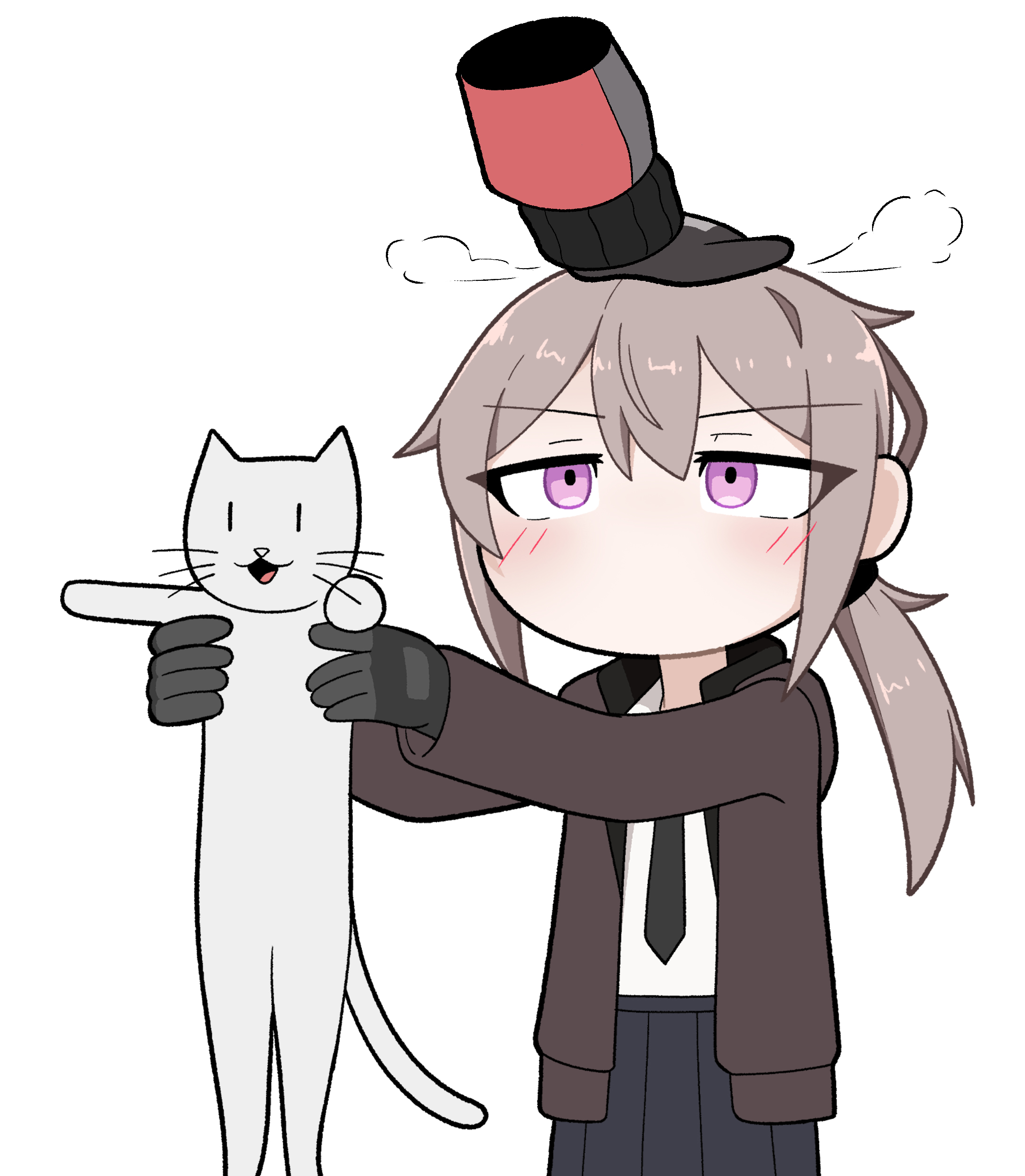guiritiru, m200 (girls' frontline), girls' frontline, absurdres, commentary, english commentary, highres, 1girl, 1other, ahoge, animal, animal ears, black gloves, cat, cat ears, english text, gloves, grey hair, hair between eyes, headpat, holding, holding animal, holding cat, jacket, necktie, open clothes, open jacket, ponytail, shirt, simple background, whiskers, white background, white shirt