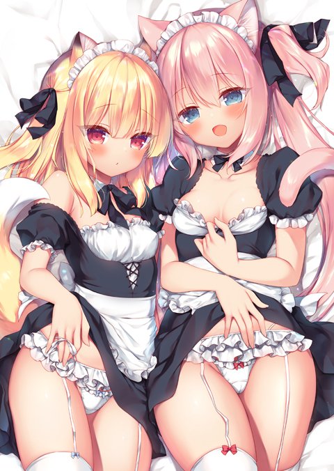 sazaki ichiri, chise (ichiri), misia (ichiri), boku no risou no isekai seikatsu, official art, second-party source, 2girls, animal ear fluff, animal ears, apron, black dress, black ribbon, blonde hair, blue eyes, blush, bow, bow panties, breasts, cat ears, cat girl, cat tail, clothes lift, clothes pull, dress, dress lift, dress pull, dress tug, fox ears, fox girl, fox tail, frilled panties, frills, garter straps, lifting own clothes, long hair, lying, maid, maid headdress, multiple girls, on back, open mouth, panties, pink hair, pulling own clothes, red eyes, ribbon, small breasts, smile, tail, thighhighs, thighs, twintails, two side up, underwear, waist apron, white apron, white panties, white thighhighs