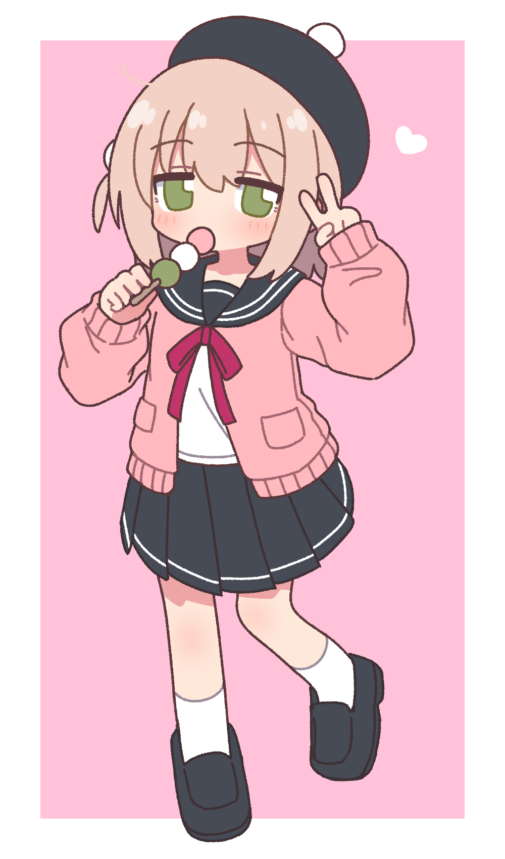 naga u, original, commentary, highres, 1boy, beret, black hat, black sailor collar, black shoes, black skirt, blush, border, brown hair, cardigan, crossdressing, crossdressing (mtf), dango, food, full body, green eyes, hat, heart, holding, holding food, holding skewer, long sleeves, looking at viewer, medium hair, miniskirt, neck ribbon, one side up, open cardigan, open clothes, outside border, pink background, pink cardigan, pleated skirt, pom pom hat ornament, purple ribbon, ribbon, sailor collar, sanshoku dango, school uniform, serafuku, shirt, shoes, simple background, skewer, skirt, sleeves past wrists, socks, solo, standing, suama-kun (naga u), trap, v, wagashi, white border, white shirt, white socks