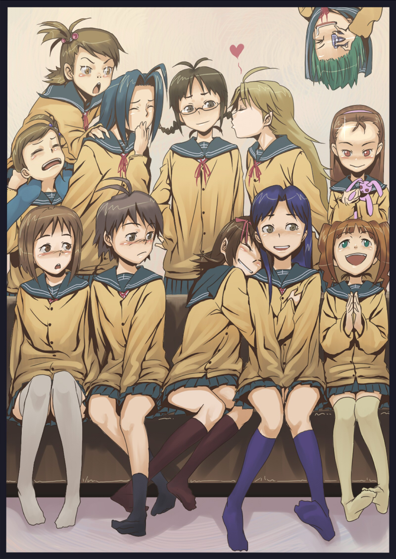 inu (aerodog), akizuki ritsuko, amami haruka, futami ami, futami mami, hagiwara yukiho, hoshii miki, kikuchi makoto, kisaragi chihaya, minase iori, miura azusa, otonashi kotori, takatsuki yayoi, idolmaster, idolmaster (classic), idolmaster 1, 00s, 6+girls, antenna hair, blonde hair, blue hair, blush, breasts, brown hair, camera, everyone, feet, flat chest, flat chest grab, forehead, grabbing another's breast, green hair, groping, hairband, happy, heart, hug, kiss, long hair, miura azuka, multiple girls, rabbit, school uniform, short hair, siblings, sisters, sitting, skirt, small breasts, socks, stuffed animal, stuffed rabbit, stuffed toy, thighhighs, twins, twintails, yuri