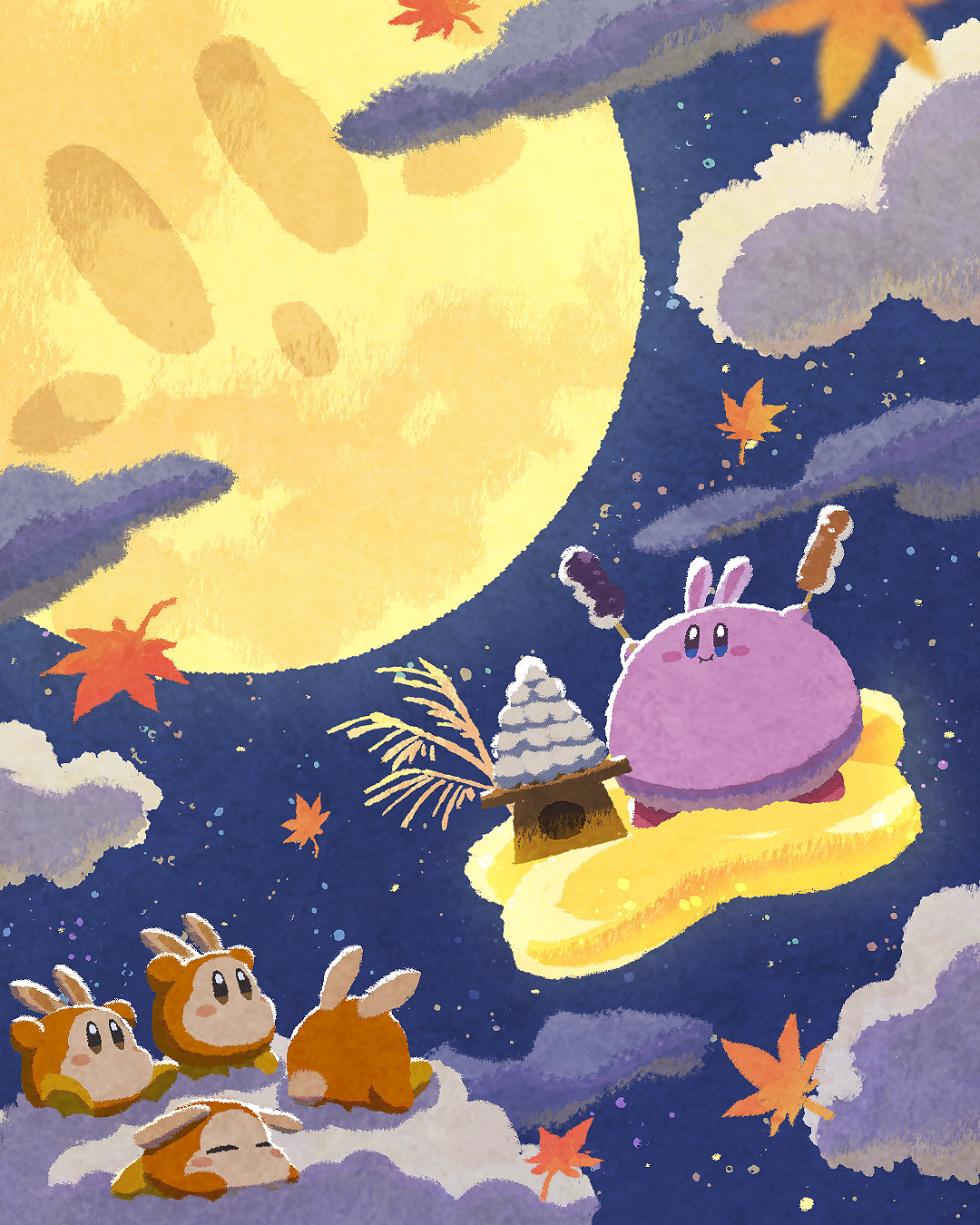 miclot, kirby, waddle dee, kirby (series), nintendo, commentary request, highres, :i, animal ears, autumn leaves, blue eyes, blush stickers, closed mouth, cloud, dango, food, full moon, leaf, moon, night, night sky, no humans, outdoors, rabbit ears, sky, star (sky), star (symbol), starry sky, tsukimi, wagashi