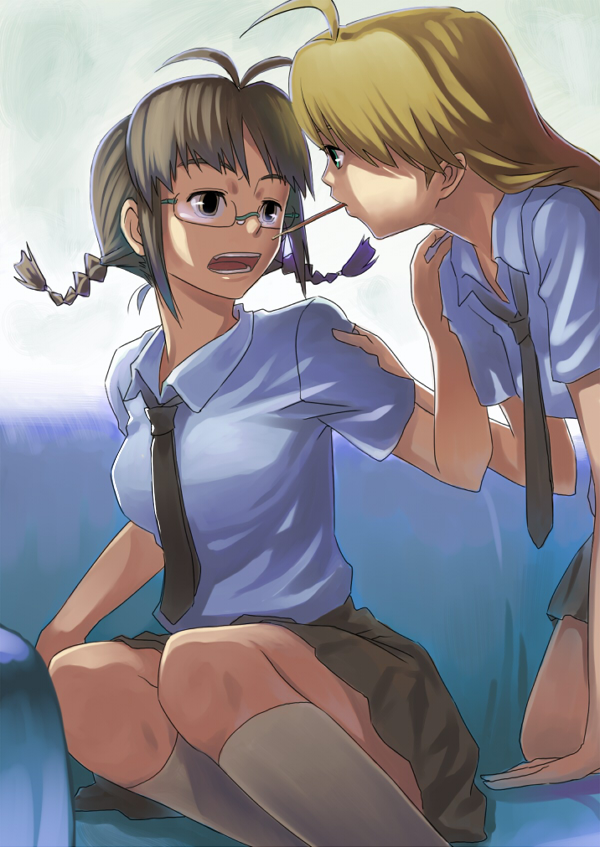 inu (aerodog), akizuki ritsuko, hoshii miki, idolmaster, idolmaster (classic), idolmaster 1, arm grab, brown neckwear, 00s, 2girls, :o, ahoge, antenna hair, aqua eyes, arm support, blonde hair, blue couch, braid, breasts, brown eyes, brown hair, brown skirt, collared shirt, couch, eye contact, female focus, food, glasses, hand on another's shoulder, hand up, kneeling, leaning, leaning forward, legs, legs together, long hair, looking at another, medium breasts, mouth hold, multiple girls, neck, necktie, pocky, pocky kiss, round teeth, school uniform, shared food, shirt, short hair, short sleeves, sitting, skirt, socks, teeth, twin braids, white shirt, yuri