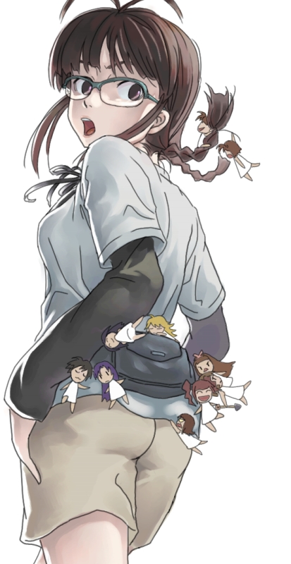 inu (aerodog), akizuki ritsuko, amami haruka, futami ami, futami mami, hagiwara yukiho, hoshii miki, kikuchi makoto, kisaragi chihaya, minase iori, miura azusa, takatsuki yayoi, idolmaster, idolmaster (classic), idolmaster 1, 00s, 6+girls, antenna hair, ass, back, braid, brown hair, chibi, female focus, glasses, multiple girls, short hair, siblings, simple background, sisters, solo focus, twin braids, twins