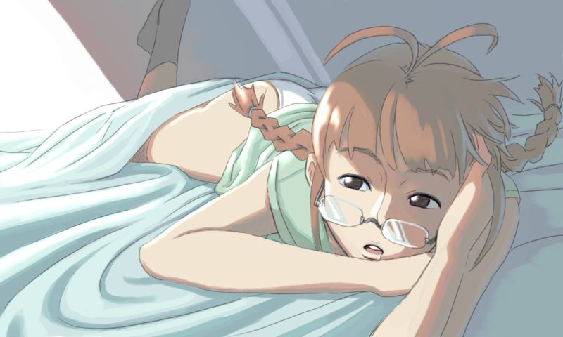 inu (aerodog), akizuki ritsuko, idolmaster, idolmaster (classic), idolmaster 1, 00s, 1girl, antenna hair, ass, bed, braid, brown hair, female focus, glasses, lying, panties, short hair, sleepy, solo, twin braids, underwear
