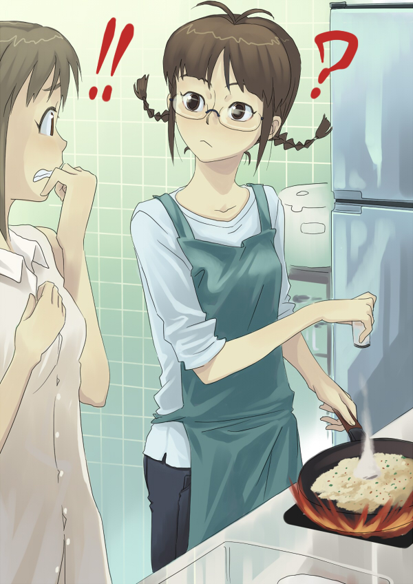 inu (aerodog), akizuki ritsuko, hagiwara yukiho, idolmaster, idolmaster (classic), idolmaster 1, !, 00s, 2girls, ?, antenna hair, apron, braid, brown eyes, brown hair, cooking, glasses, multiple girls, refrigerator, salt shaker, short hair, sleeves pushed up, surprised, twin braids