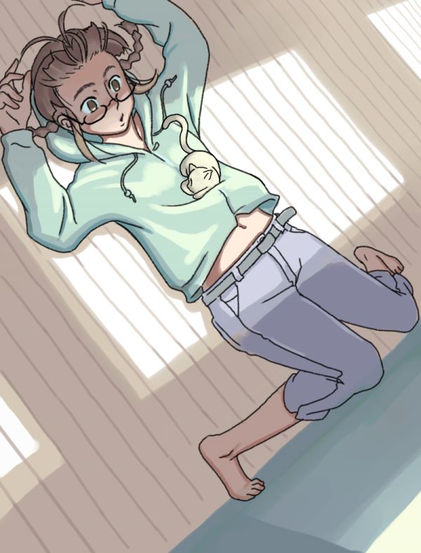 inu (aerodog), akizuki ritsuko, idolmaster, idolmaster (classic), idolmaster 1, light, 00s, 1girl, barefoot, brown eyes, brown hair, cat, female focus, from above, glasses, hood, hoodie, indoors, lying, navel, on back, solo