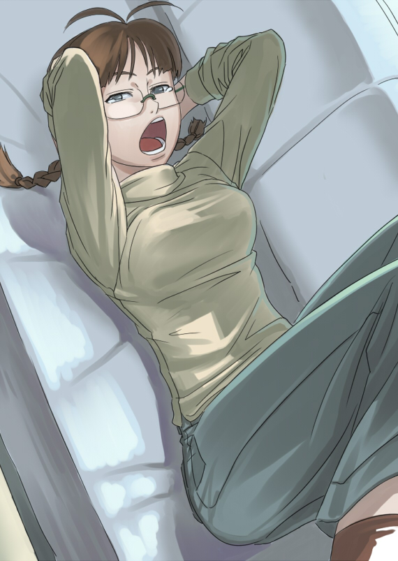 inu (aerodog), akizuki ritsuko, idolmaster, idolmaster (classic), idolmaster 1, 00s, 1girl, antenna hair, braid, breasts, brown hair, female focus, glasses, short hair, solo, tears, twin braids, yawning
