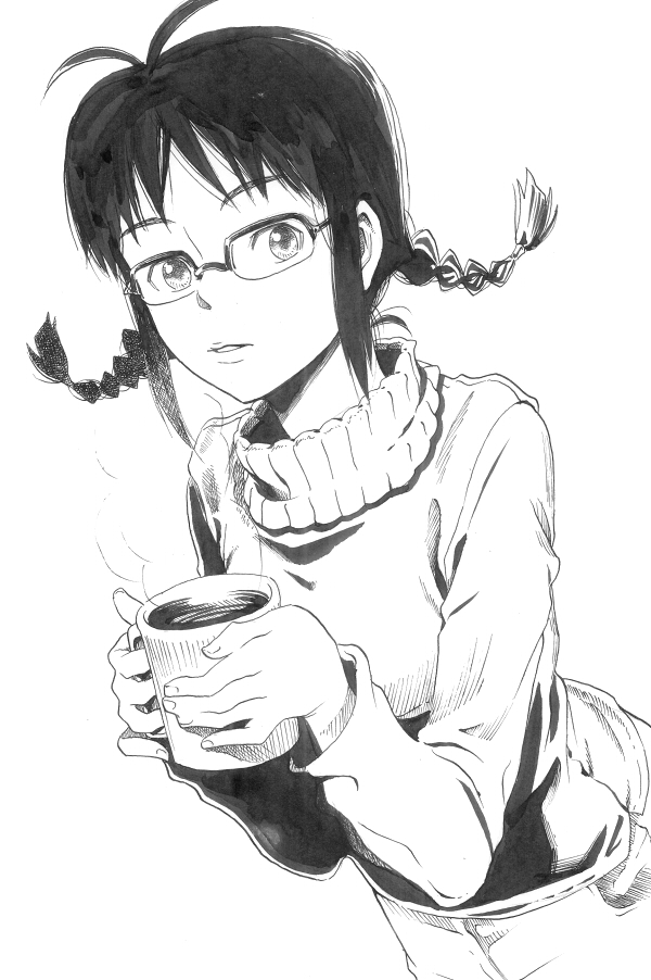 inu (aerodog), akizuki ritsuko, idolmaster, idolmaster (classic), idolmaster 1, traditional media, 00s, 1girl, braid, cup, female focus, glasses, greyscale, monochrome, short hair, simple background, solo, tea, twin braids