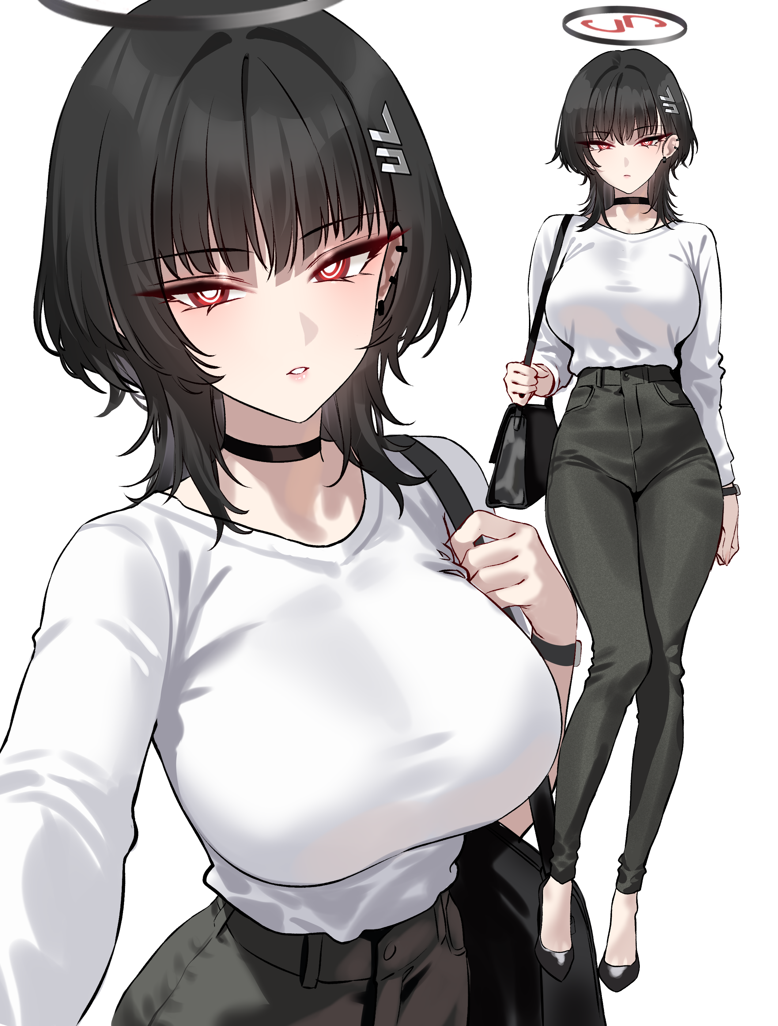 shigure s, rio (blue archive), blue archive, absurdres, highres, 1girl, alternate costume, alternate hairstyle, black bag, black choker, black nails, black pants, blush, bright pupils, choker, ear piercing, full body, hair ornament, hairclip, halo, looking at viewer, medium hair, nail polish, pants, parted lips, piercing, red eyes, shirt, shirt tucked in, simple background, standing, white background, white pupils, white shirt