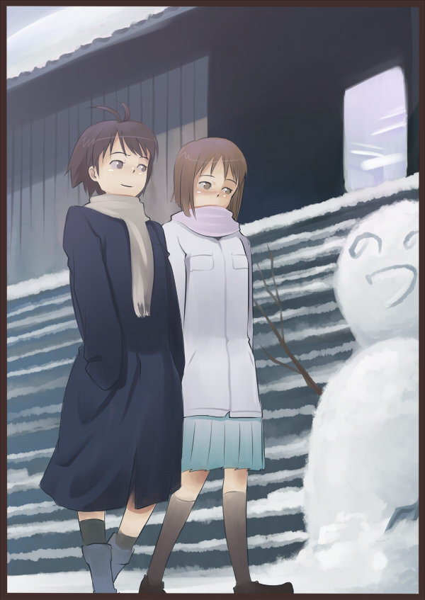 inu (aerodog), hagiwara yukiho, kikuchi makoto, nonowa, idolmaster, idolmaster (classic), idolmaster 1, 00s, 2girls, blush, brown hair, multiple girls, scarf, short hair, smile, snow, snowman, winter, yukimako