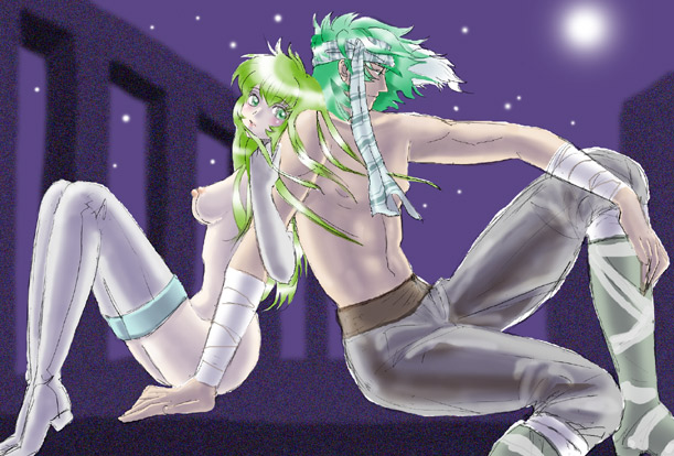 aozora kyuuji, erinys (fire emblem), lewyn (fire emblem), fire emblem, fire emblem: genealogy of the holy war, nintendo, looking away, pegasus knight uniform (fire emblem), 1boy, 1girl, back-to-back, bandages, breasts, clothed male nude female, green eyes, green hair, headband, medium breasts, night, night sky, nipples, nude, pants, sitting, sky, thighhighs, topless female