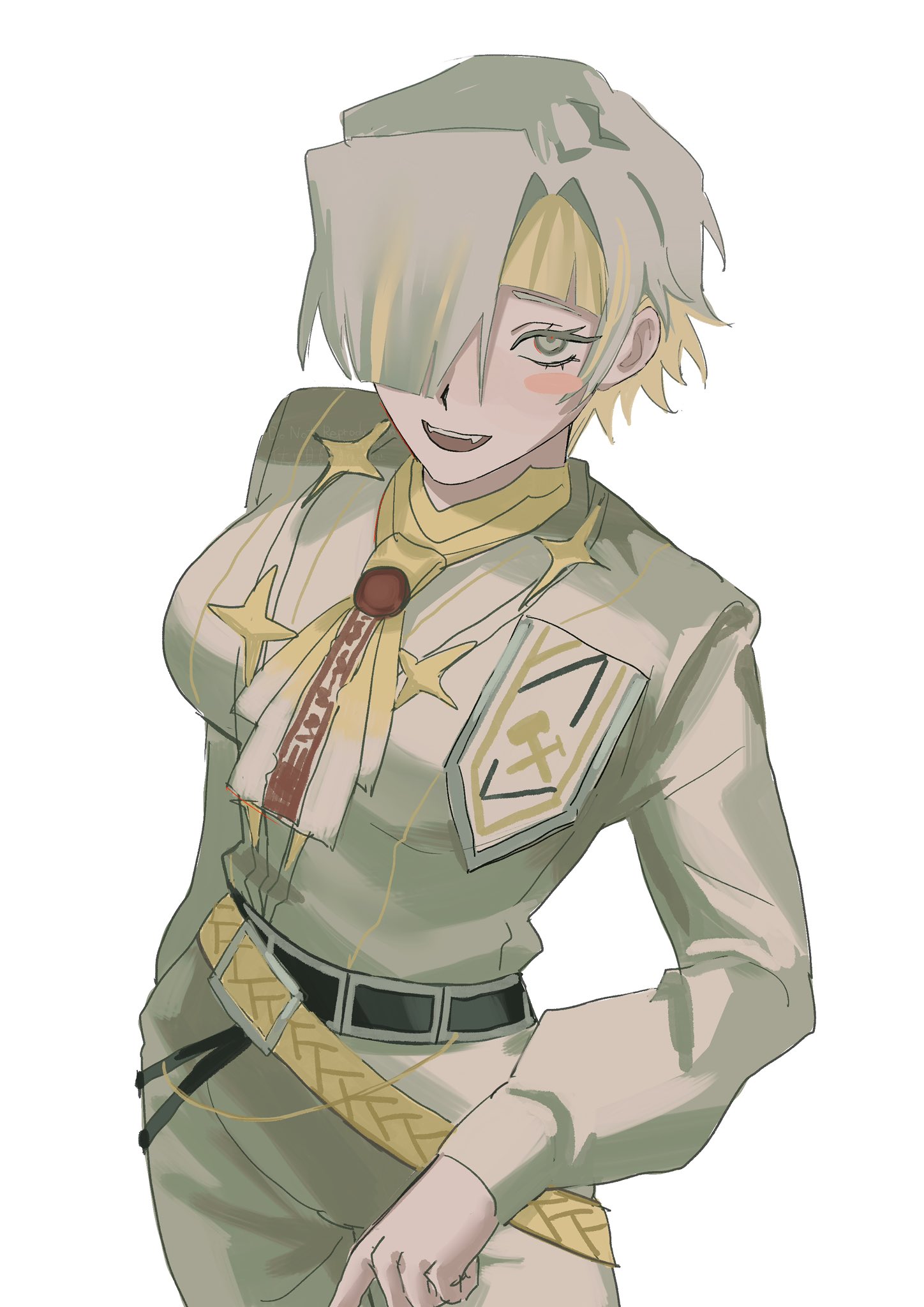 fushimi arata, kromer (project moon), limbus company, project moon, highres, ascot, belt, black belt, blonde hair, fangs, grey eyes, looking at viewer, medium hair, pants, shirt, standing, white hair, white pants, white shirt