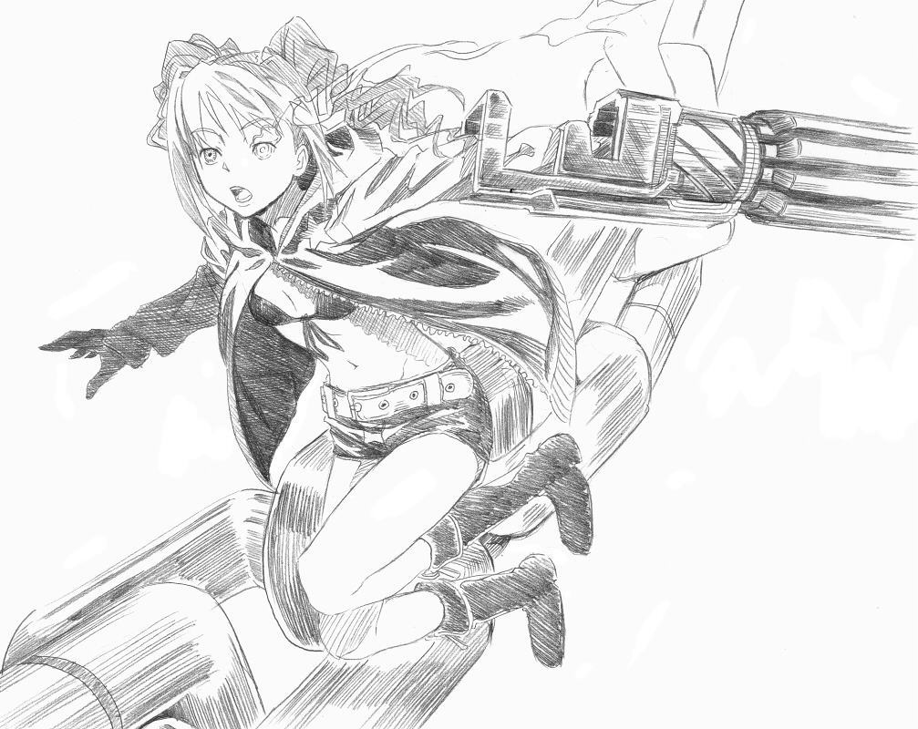 inu (aerodog), black rock shooter (character), takatsuki yayoi, black rock shooter, idolmaster, idolmaster (classic), idolmaster 1, traditional media, 1girl, belt, bikini, bikini top only, black rock shooter (cosplay), boots, cape, cosplay, female focus, flat chest, greyscale, monochrome, parody, shorts, solo, swimsuit, twintails