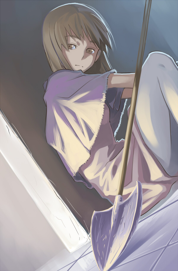 inu (aerodog), hagiwara yukiho, idolmaster, idolmaster (classic), idolmaster 1, 00s, 1girl, against wall, brown eyes, brown hair, capelet, dutch angle, female focus, head tilt, pantyhose, short hair, shovel, sitting, solo, white pantyhose, worktool