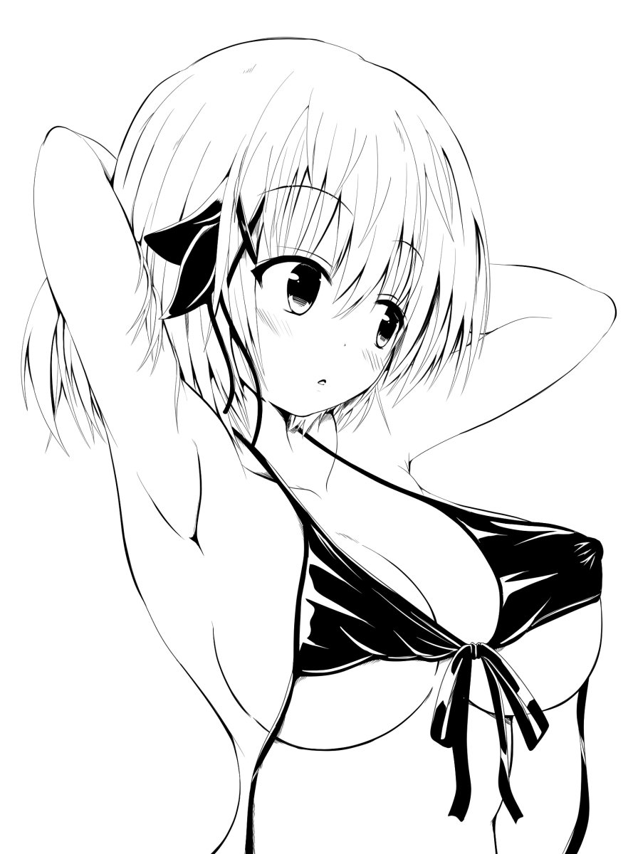koucha rakkyo, amyi, sabrina to muryoku na tamashii, highres, 1girl, armpits, arms up, bare shoulders, bikini, blush, breasts, cleavage, collarbone, covered erect nipples, from side, front-tie bikini top, front-tie top, hair between eyes, hair ornament, hair ribbon, large breasts, lineart, monochrome, open mouth, parted lips, ribbon, short hair, sidelocks, solo, standing, swimsuit, tareme, upper body