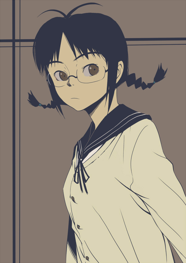 inu (aerodog), akizuki ritsuko, idolmaster, idolmaster (classic), idolmaster 1, 00s, 1girl, antenna hair, braid, brown eyes, female focus, flat color, glasses, school uniform, short hair, solo, twin braids