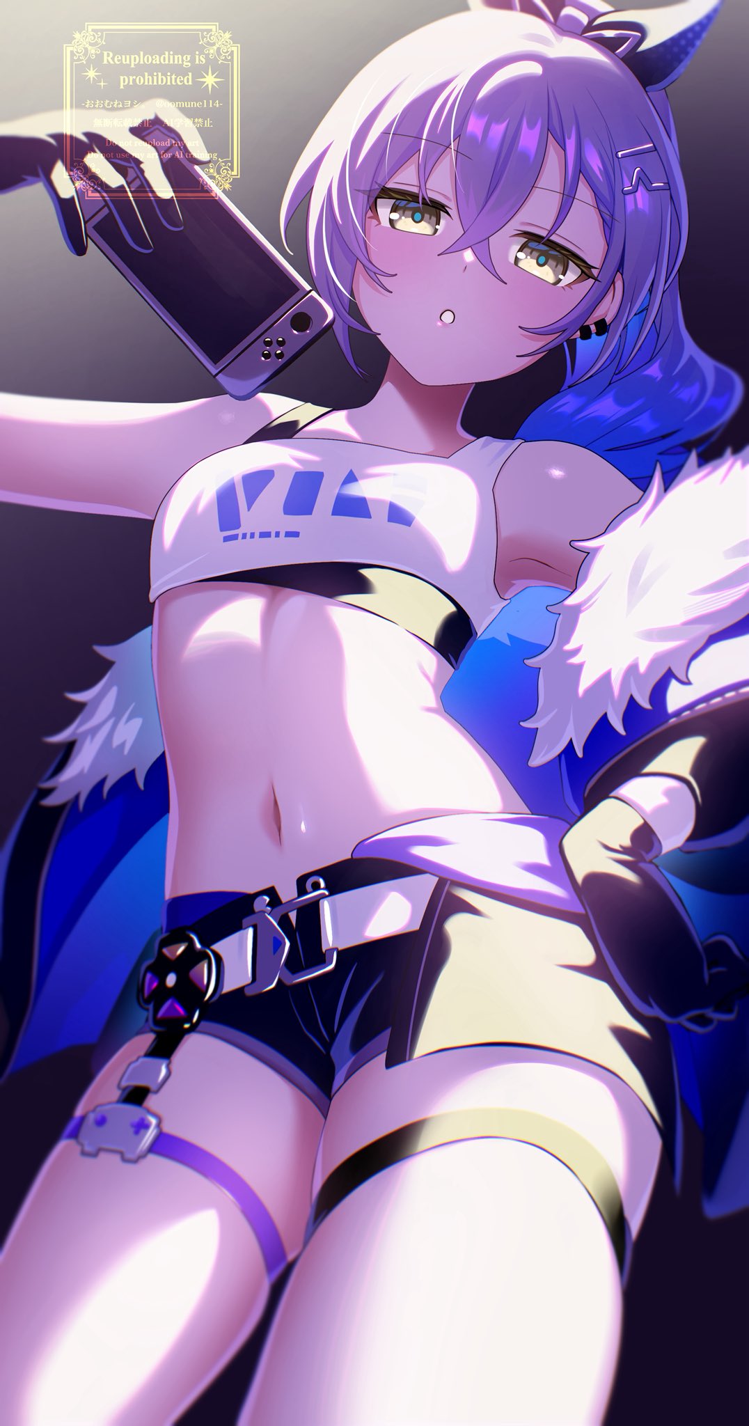 silver wolf (honkai: star rail), honkai: star rail, honkai (series), highres, 1girl, black gloves, black shorts, blush, bow, breasts, brown eyes, ear piercing, gloves, grey hair, hair bow, handheld game console, jacket, long hair, navel, oomune114, piercing, short shorts, shorts, small breasts, solo, sports bra, stomach
